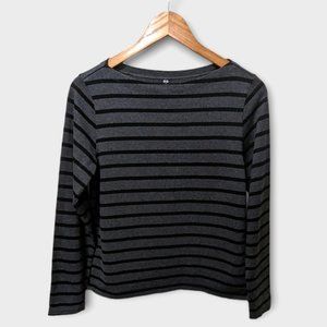 UNIQLO Black and Grey 100% Cotton Womens Scoop Neck Long Sleeve Striped Shirt